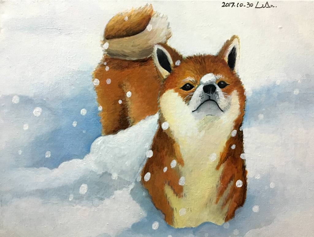 陳麗安 - 玩雪的柴犬
