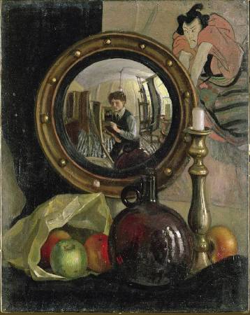X8900 Mark Gertler Still Life with Self-Portrait, 1918 Oil on canvas 50.8 × 40.6 cm Leeds Museums and Galleries (Temple Newsam) © Leeds Museums and Galleries (Leeds Art Gallery) U.K. / Bridgeman Images