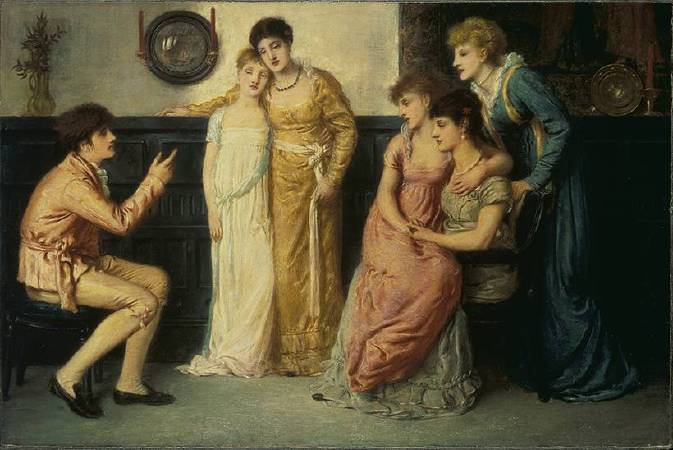 X8901 Simeon Solomon A Youth Relating Tales to Ladies, 1870 Oil on canvas 35.5 × 53.4 cm © Tate, London (T03702)