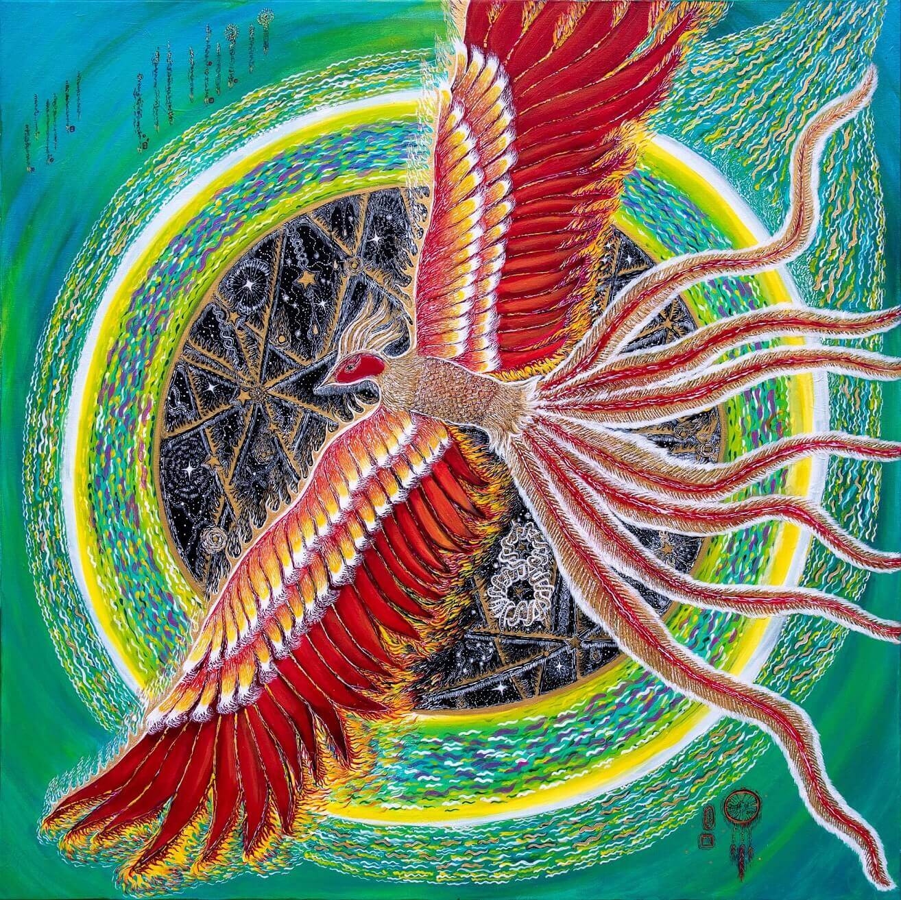 黎橘（ORANGE LI），朱雀（Vermilion Bird)，48” x 48”，acrylic on canvas，2020。
