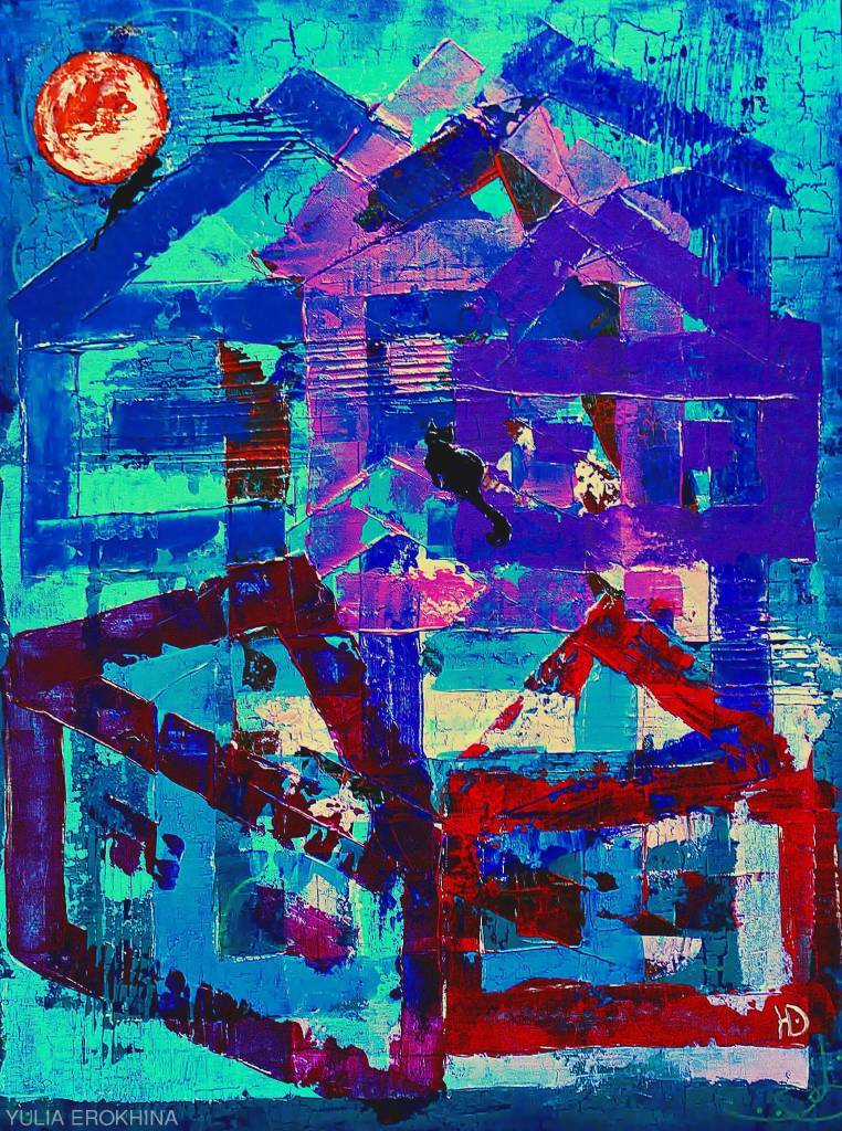 Erokhina Yulia - Cats with the moon on the roof of house