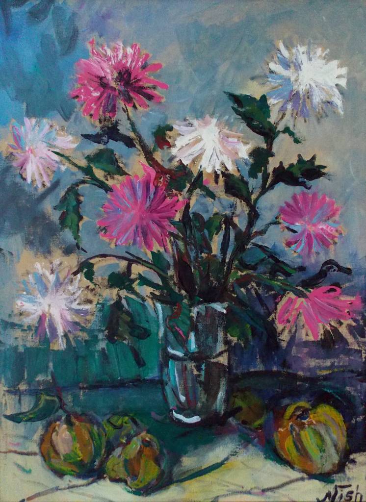 Natalia Nysh - nature morte chrysanths and apple quince